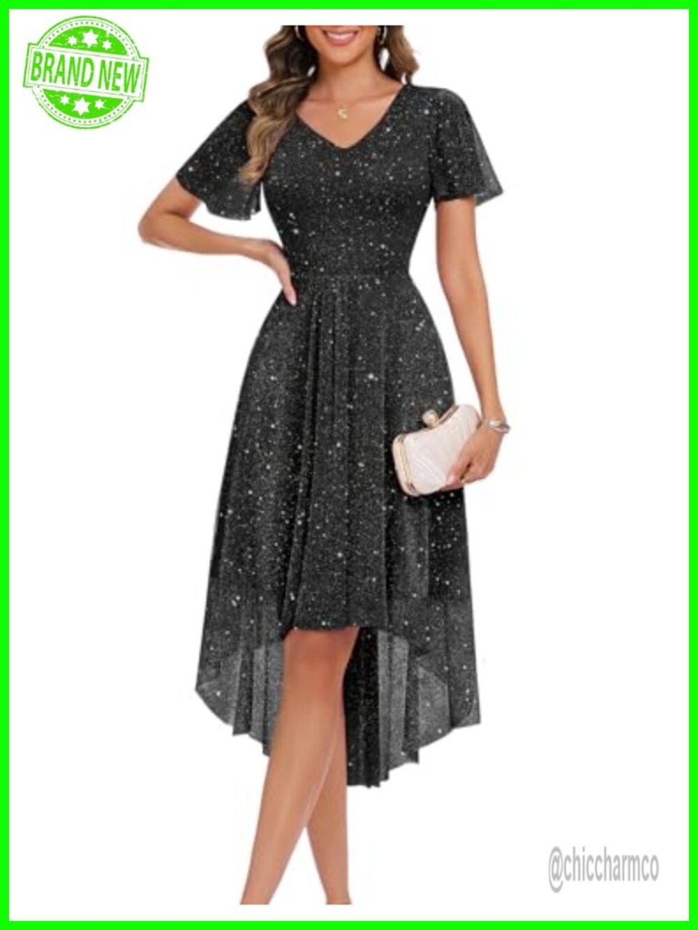 Sequin V Neck Formal High Low Midi Short Sleeve Dress
